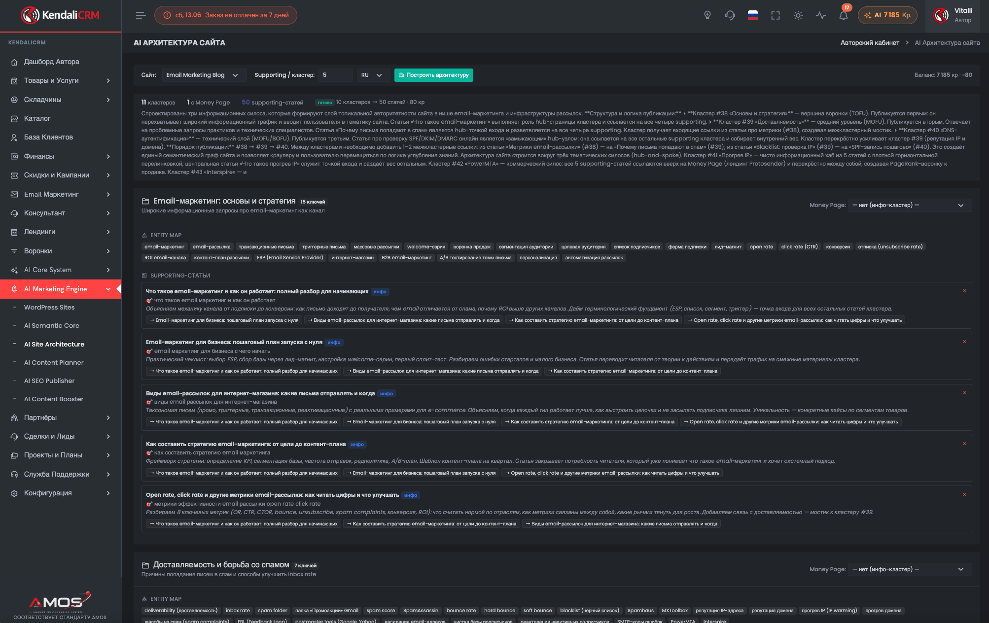 Кабинет KendaliCRM: AI Site Architecture с Money Page, supporting pages и перелинковкой